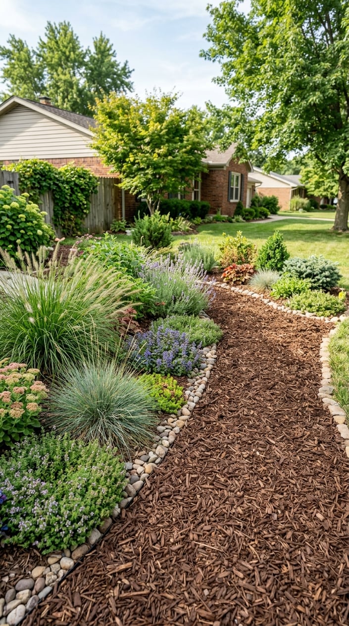 A garden area covered with wood chip mulch surrounded by low-maintenance plants and shrubs.