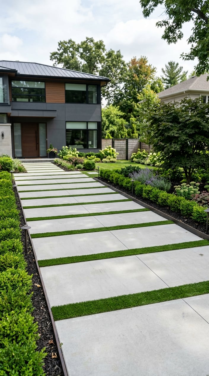 A driveway with large concrete slabs separated by strips of green artificial grass, surrounded by plants and a house in the background.