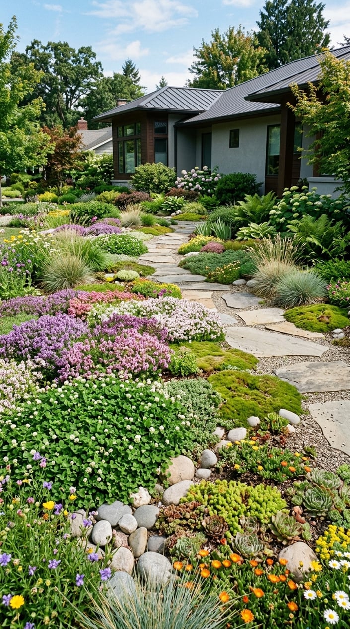 A garden with various low-growing plants and ground covers replacing traditional grass, featuring stone pathways and a house in the background.