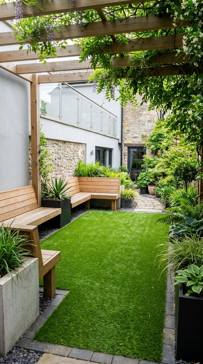 A shaded courtyard with artificial grass and timber bench seating surrounded by plants.