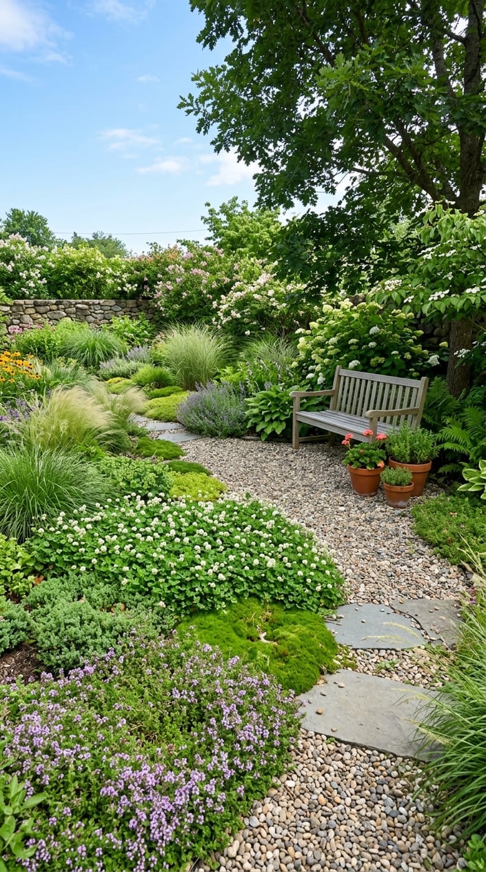 A backyard garden displaying various low-maintenance lawn alternatives including clover, ornamental grasses, ground covers, and gravel pathways under a clear sky.