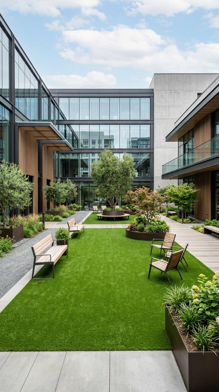 A commercial courtyard with green synthetic turf and modern seating areas surrounded by plants and buildings.