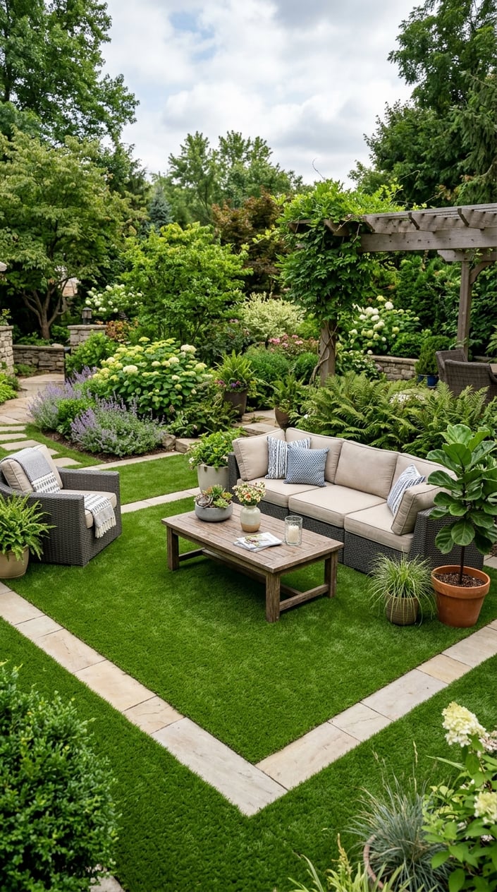 Outdoor living room with green artificial turf rug bordered by stone pavers, furnished with modern outdoor seating and surrounded by plants.