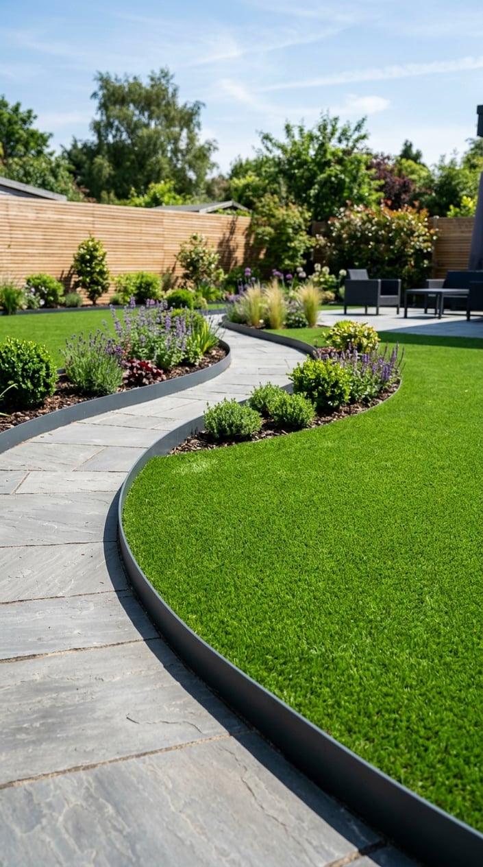 A curved garden path bordered by steel edging with artificial grass on both sides.