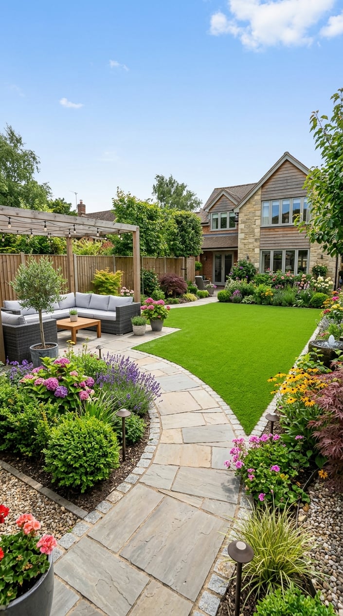 A landscaped backyard with artificial grass, stone pathways, garden furniture, flowers, and shrubs under a clear sky.