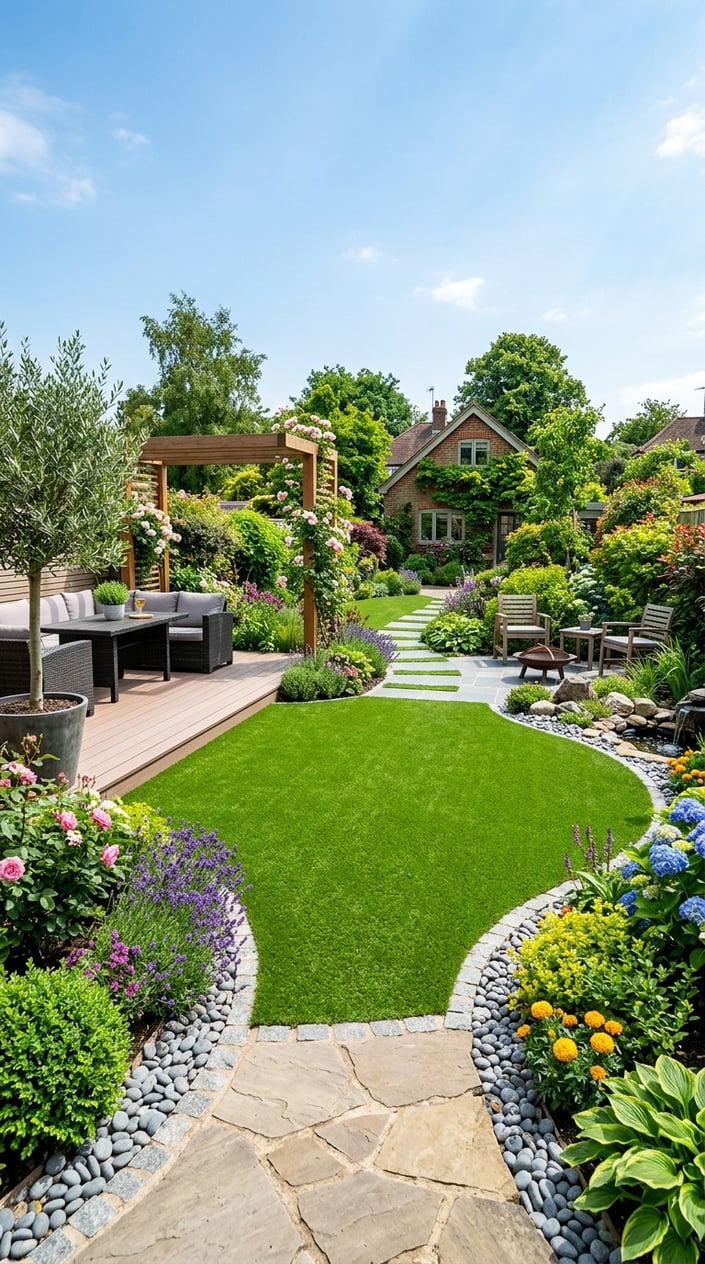 A well-maintained outdoor garden area with artificial grass, decorative plants, stones, and outdoor furniture arranged in a variety of landscaping styles.