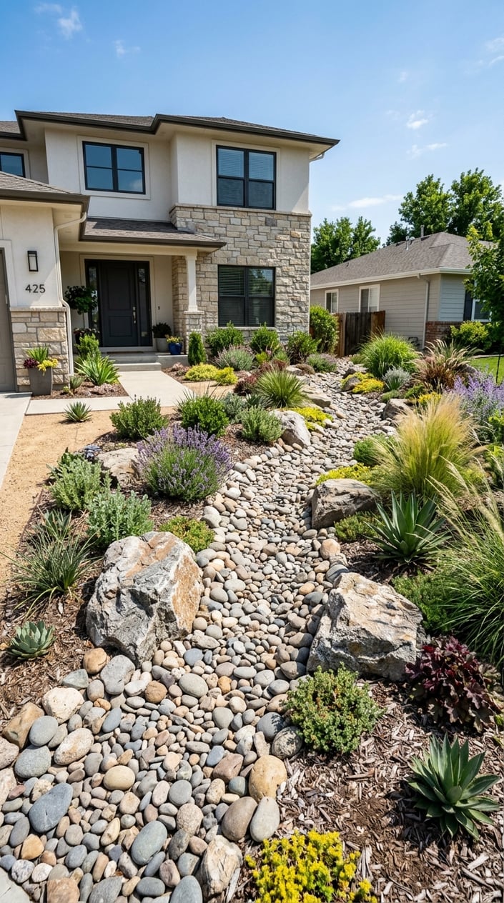 Dry creek bed with river rocks and large boulders winding through a front lawn landscaped with drought-tolerant plants and shrubs.