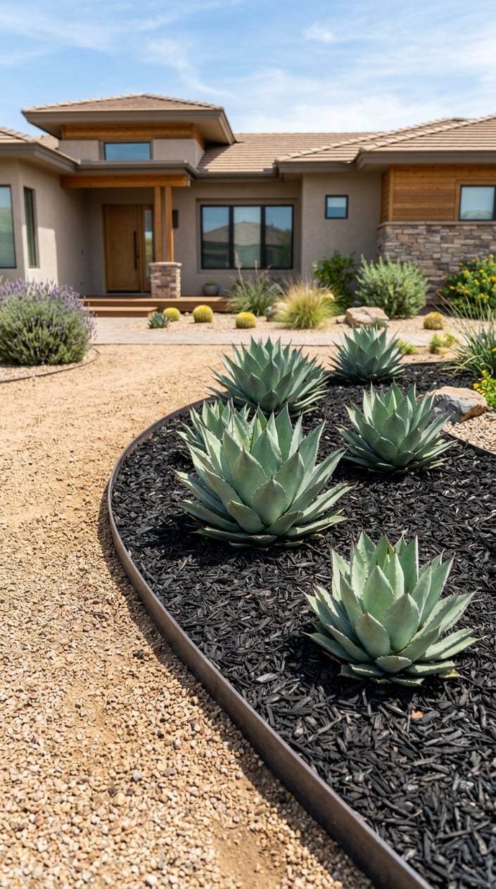 Front yard landscaping with decomposed granite, black mulch, agave plants, and steel edging.