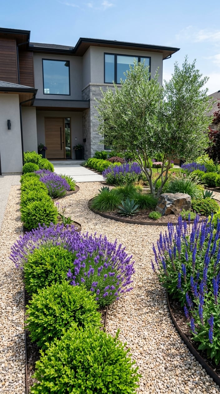 Front yard with pea gravel ground cover and islands of boxwood shrubs, lavender, and salvia plants.