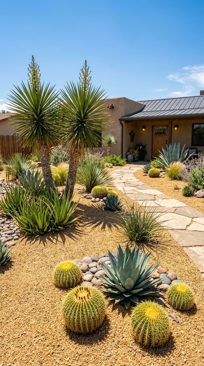 A front yard landscaped with golden gravel, aloe plants, yucca, and barrel cacti arranged in a desert oasis style.