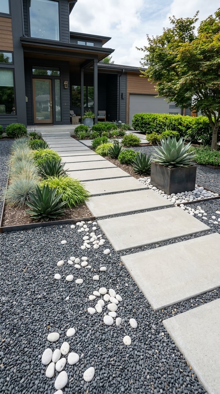 A front yard with dark basalt gravel, concrete pavers arranged in a pattern, and white beach pebbles scattered throughout, surrounded by some green plants.