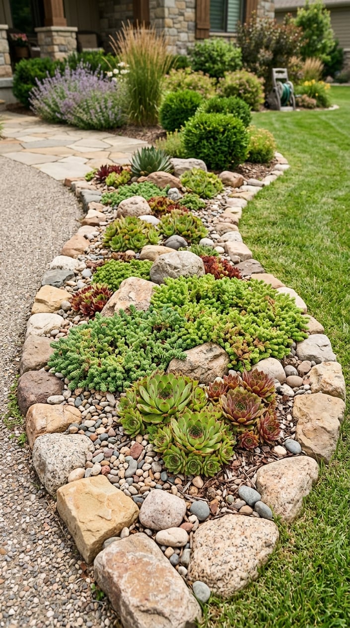 A rock garden bed with green sedum, hens-and-chicks plants, and mixed fieldstone rocks in a front lawn setting.