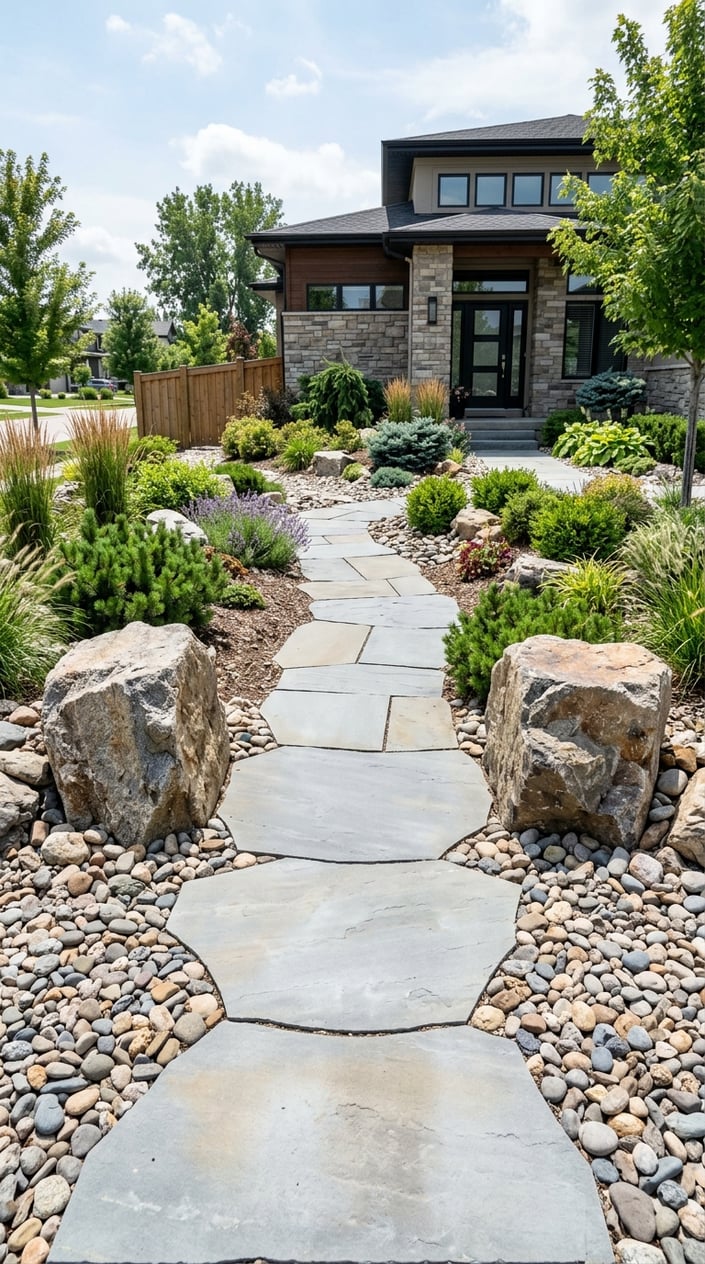 Large natural boulders framing a bluestone walkway leading to a house, surrounded by rocks and small plants instead of grass.
