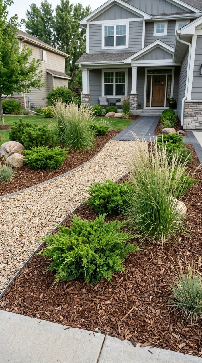 Front lawn landscaped with gravel, mulch, dwarf juniper shrubs, and tall switchgrass plants in front of a modern house.