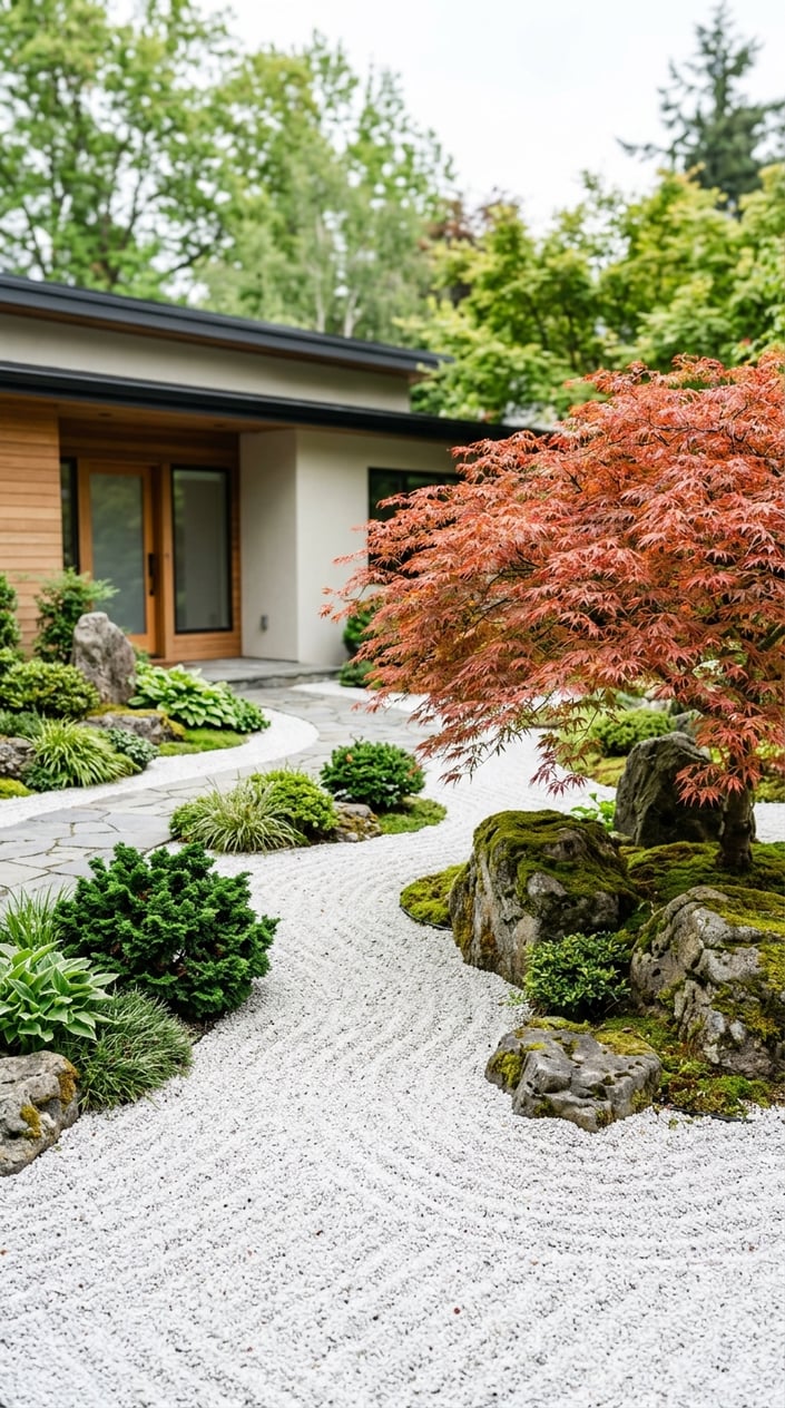 Front yard with raked gravel, mossy boulders, and a Japanese maple tree.
