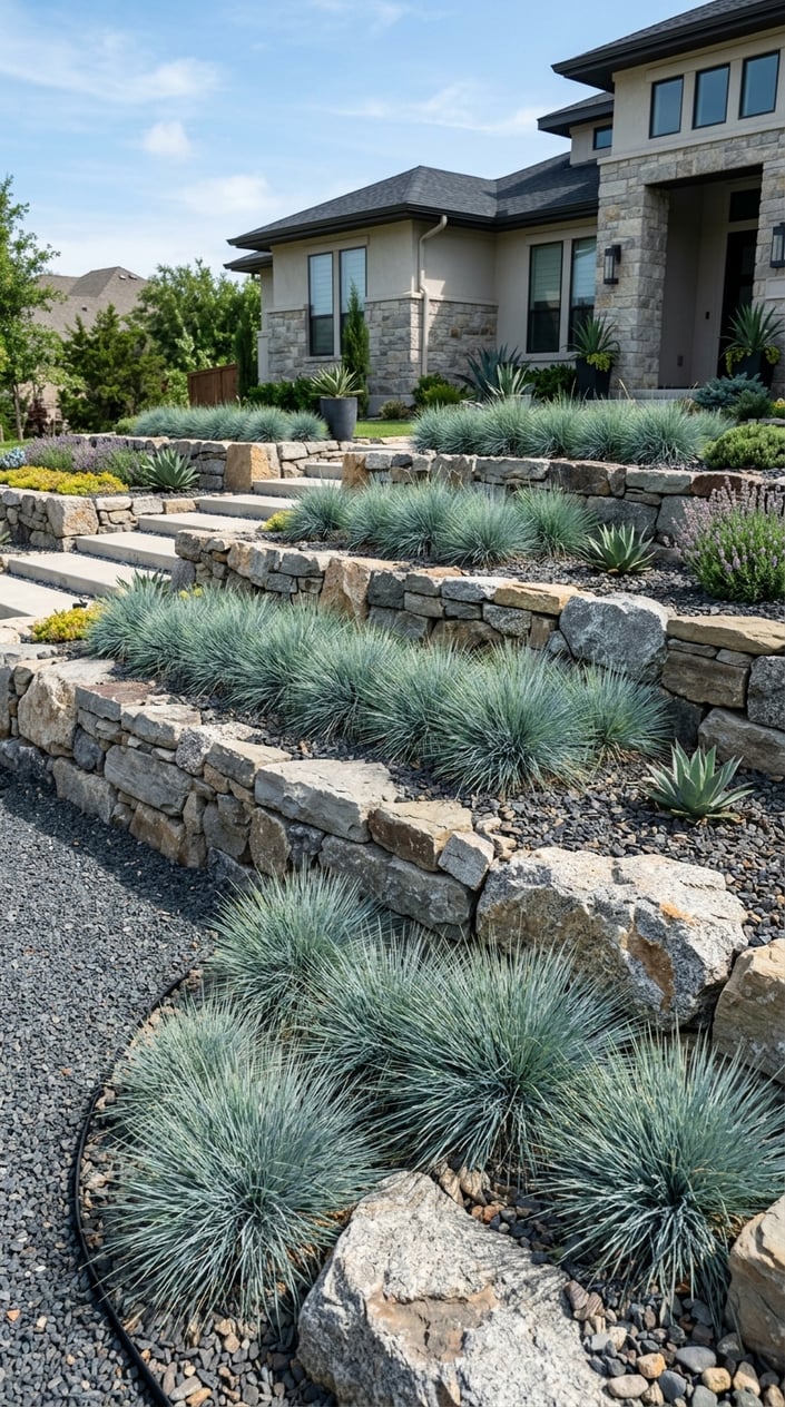 A tiered front yard with stone retaining walls and blue fescue grasses growing among riprap rocks.