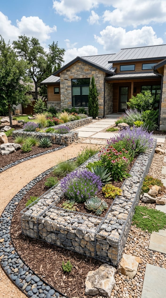Front yard with stone-bordered garden beds filled with drought-tolerant plants and decorative rocks instead of grass.