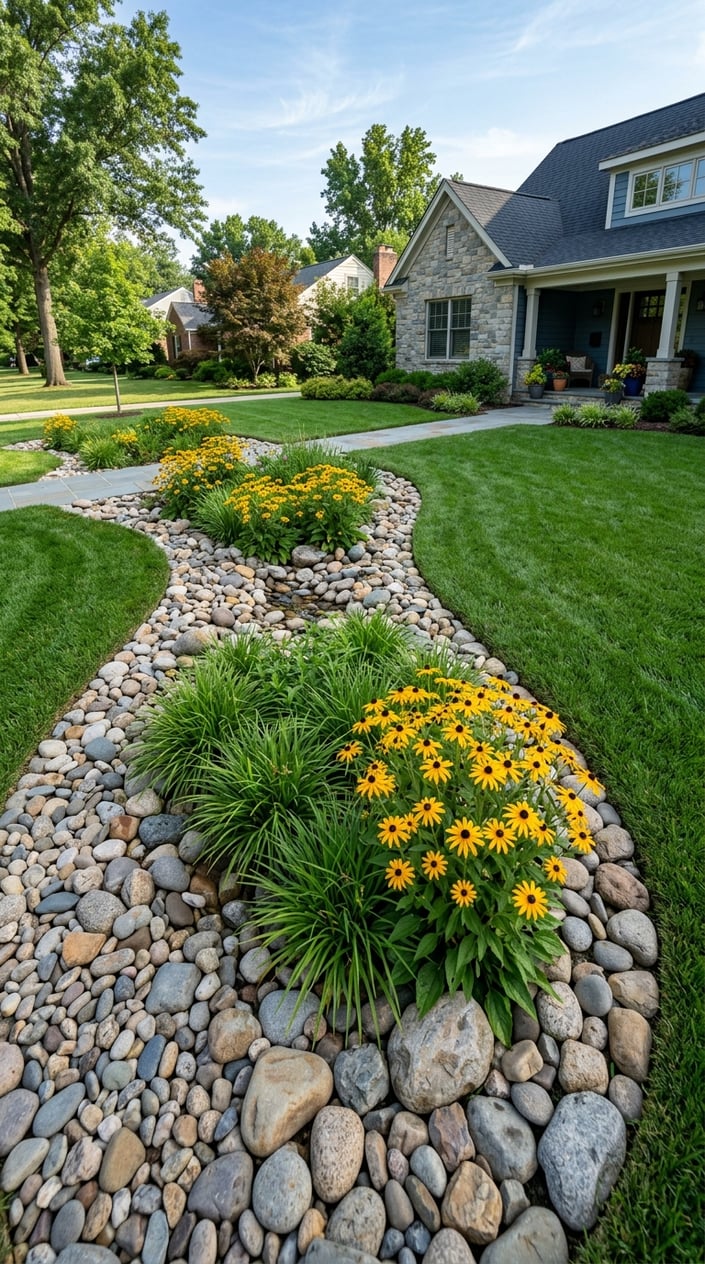 A front lawn with a river rock rain garden featuring green native sedges and yellow Black-Eyed Susan flowers surrounded by smooth river rocks.