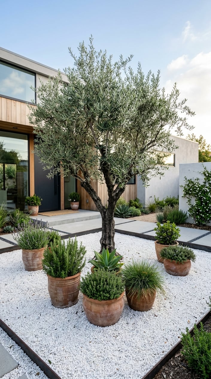 A white gravel courtyard with an olive tree in the center and terracotta planters around it.