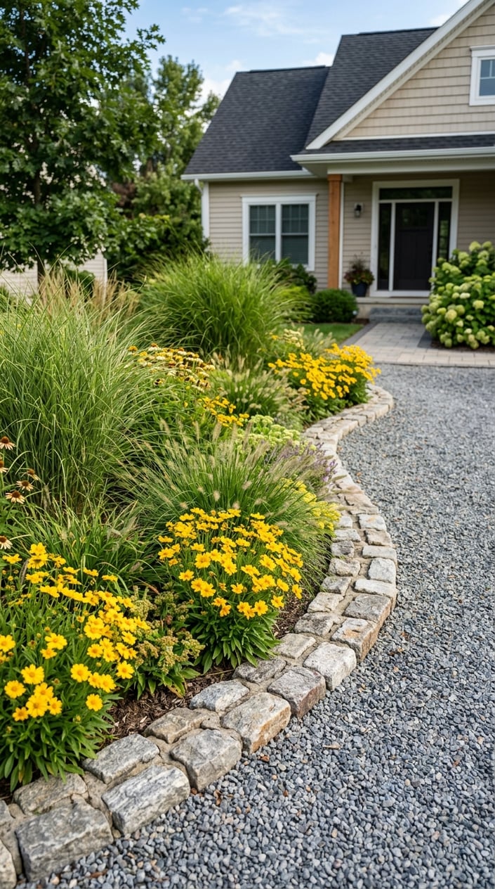 A cobblestone border garden bed with ornamental grasses and yellow coreopsis flowers in a front yard with rock ground cover.