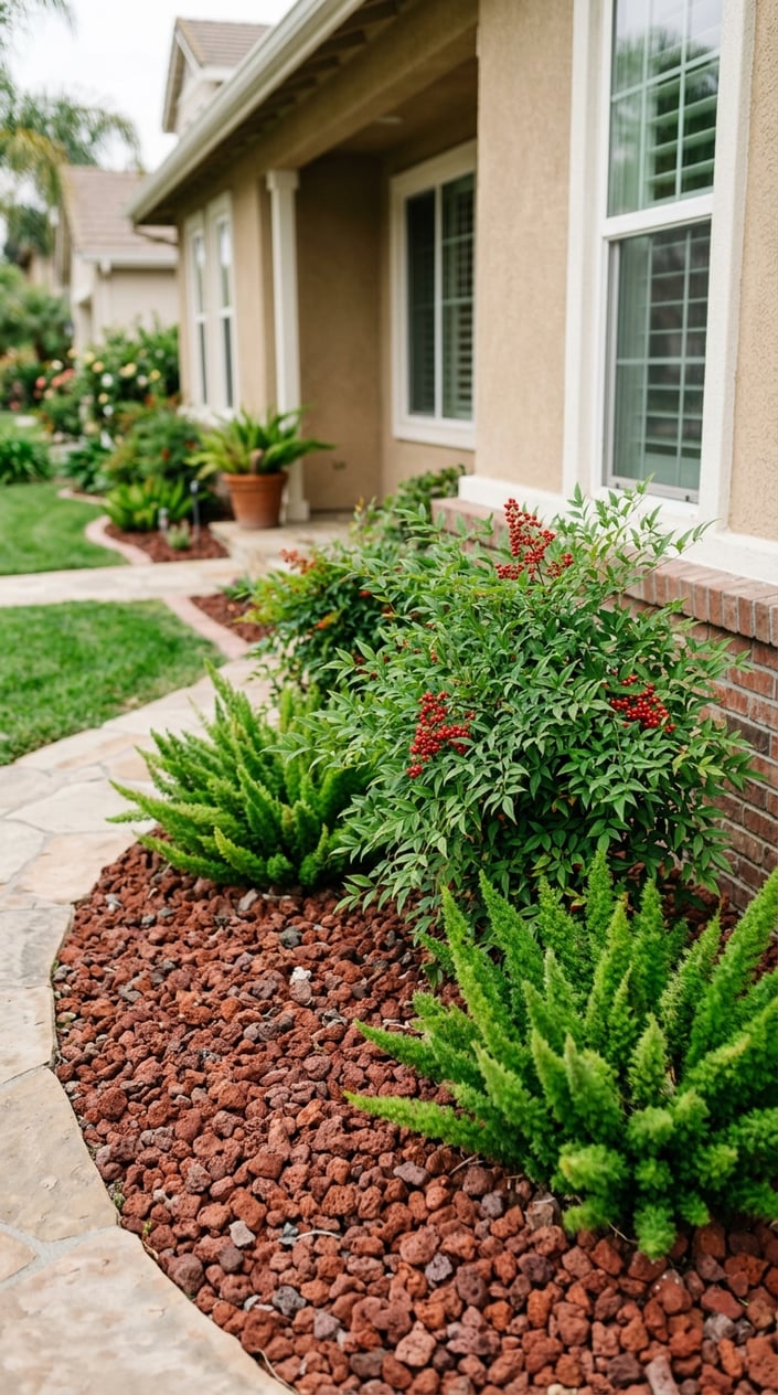 Front lawn landscaping with red lava rocks surrounding green Nandina plants and foxtail ferns near a house foundation.