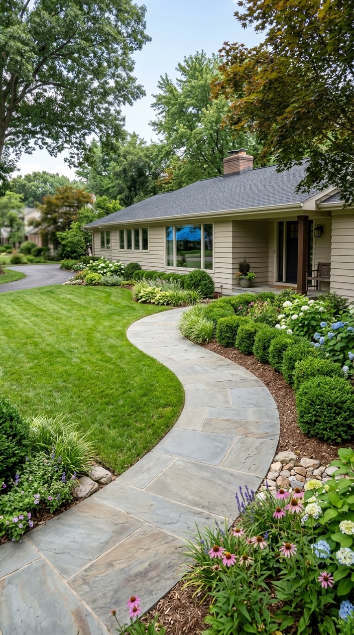 A curved bluestone walkway leading through a green front lawn to a ranch-style house with a long, straight facade.