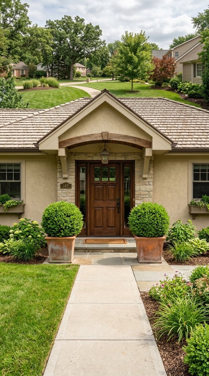 Front entrance of a ranch-style home with matching green boxwood planters on both sides of the wooden front door and a neatly trimmed lawn.