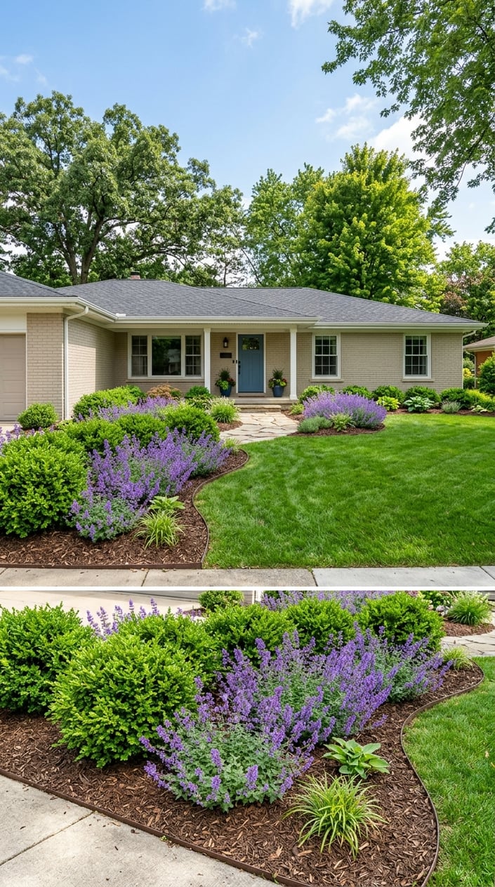 Front lawn of a ranch-style home with long layered garden beds planted with green Inkberry Holly and purple Nepeta flowers along the foundation.