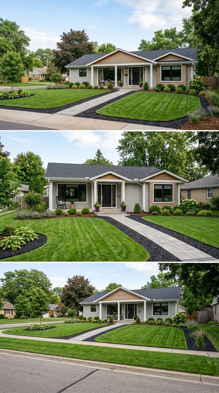 Front lawn of a ranch-style home with green grass and black gravel borders along the edges, surrounded by small plants and shrubs.