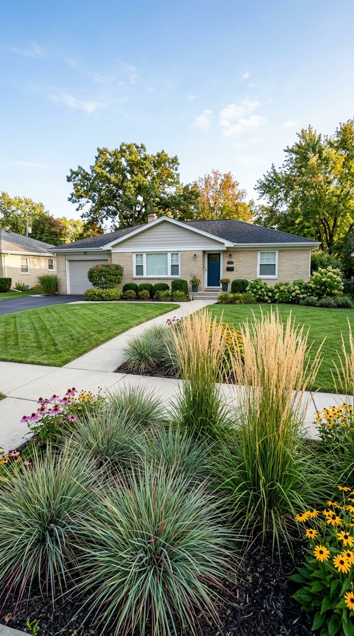 Front lawn of a ranch-style home with Little Bluestem and Karl Foerster reed grasses creating movement and texture in the landscaping.
