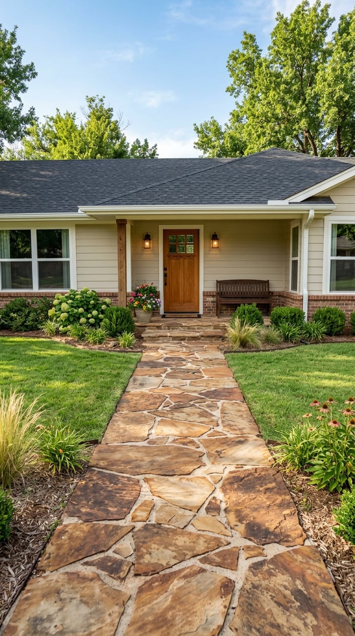 Front entryway of a ranch-style home with a natural stone pathway and green lawn.