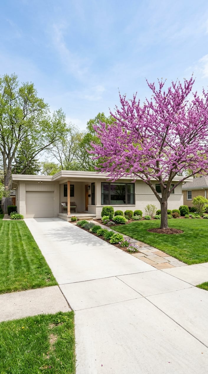 Front yard of a ranch-style house with a redbud tree blooming near the driveway and a flat roofline in the background.