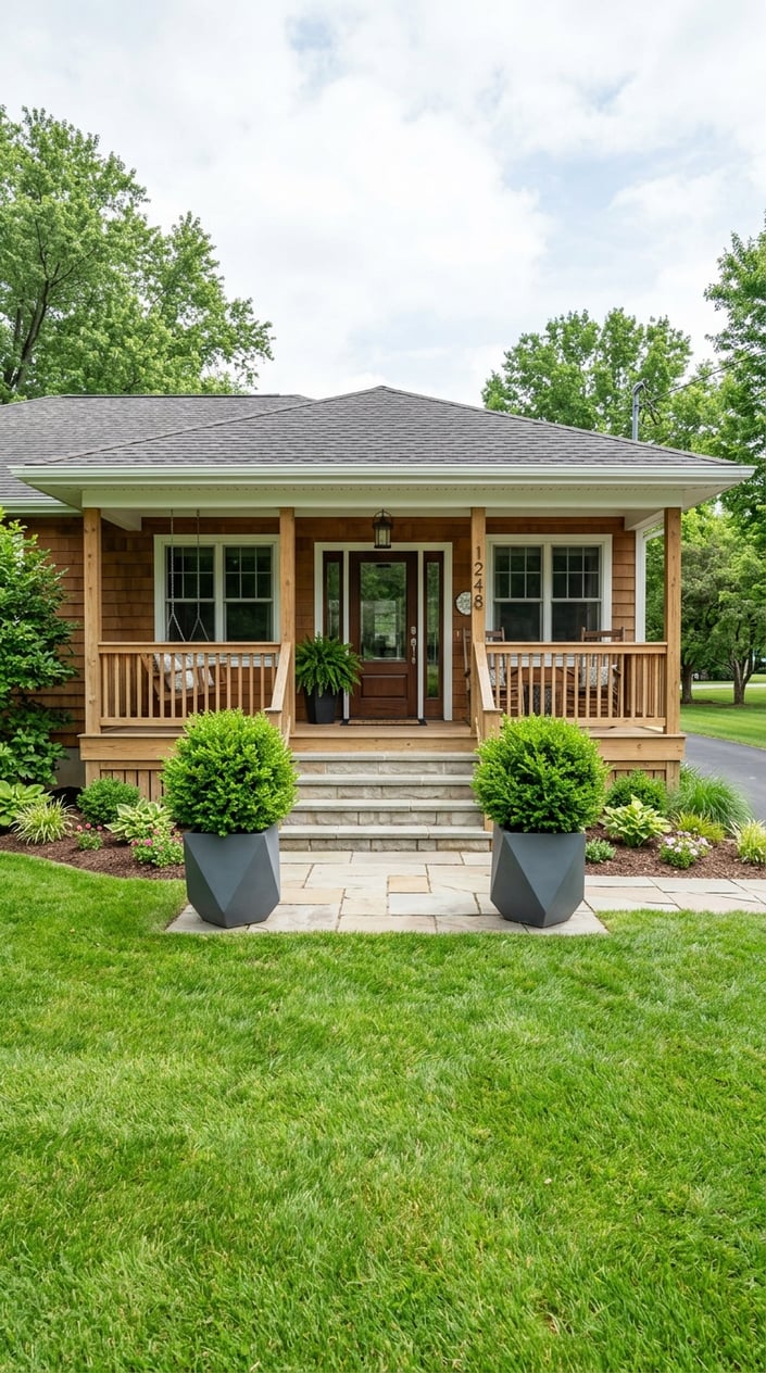 Front porch steps of a ranch-style home with symmetrical green Inkberry shrubs in decorative boxes on each side and a neatly maintained front lawn.