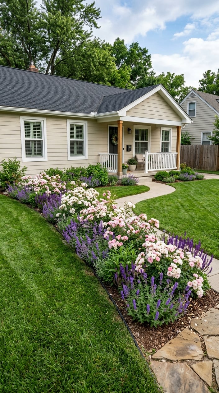 Front lawn of a ranch-style home with narrow flower beds filled with pink and white drift roses and purple lavender plants along the house.