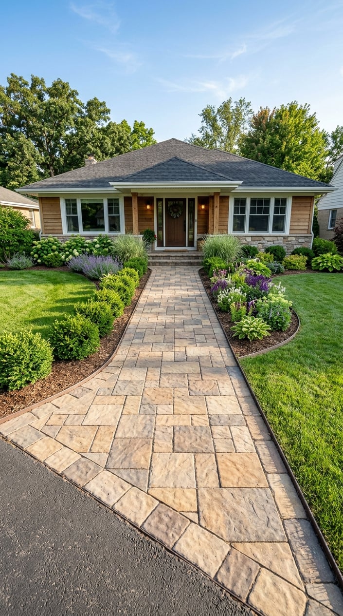 A wide stone paver walkway leading to the front entrance of a ranch-style house surrounded by green grass and plants.