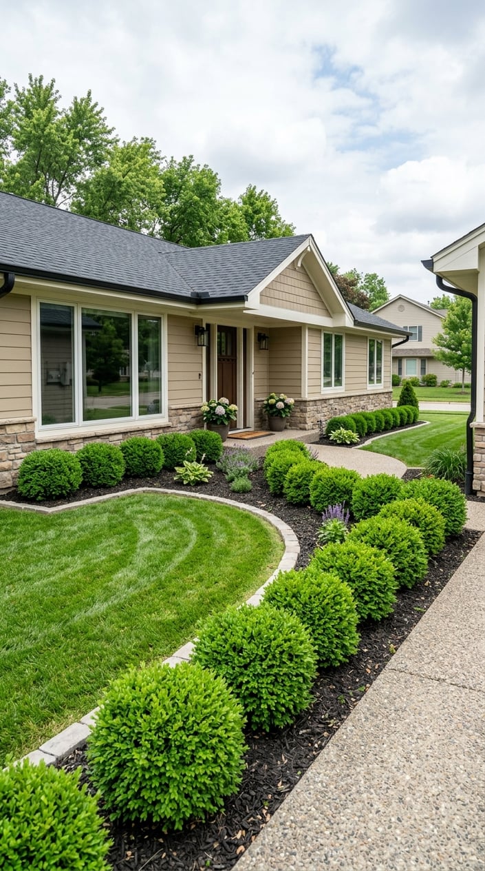 Front yard of a ranch-style home with neatly trimmed low boxwood shrubs along the foundation and a well-maintained lawn.