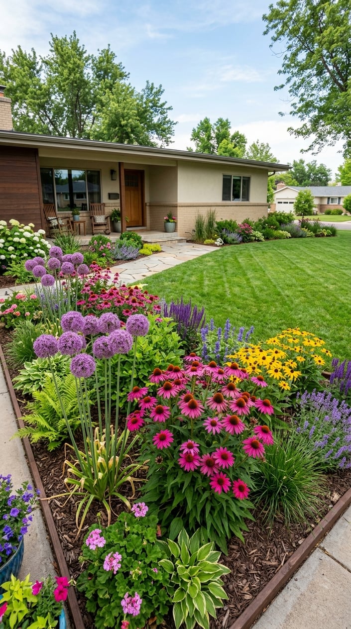 Front lawn of a ranch-style home with green grass and colorful purple and magenta flowers in neatly arranged beds.