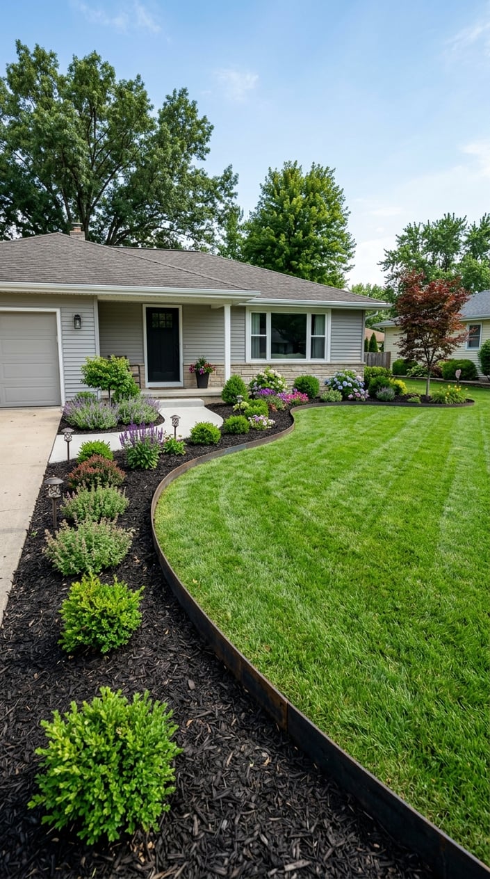 Front lawn of a ranch-style home with steel edging and fresh hardwood mulch bordering a green lawn.