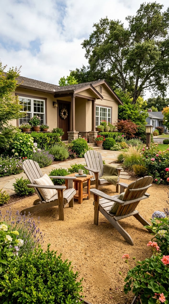 Front courtyard patio with decomposed granite ground, Adirondack chairs, small table, and surrounding plants in front of a house.