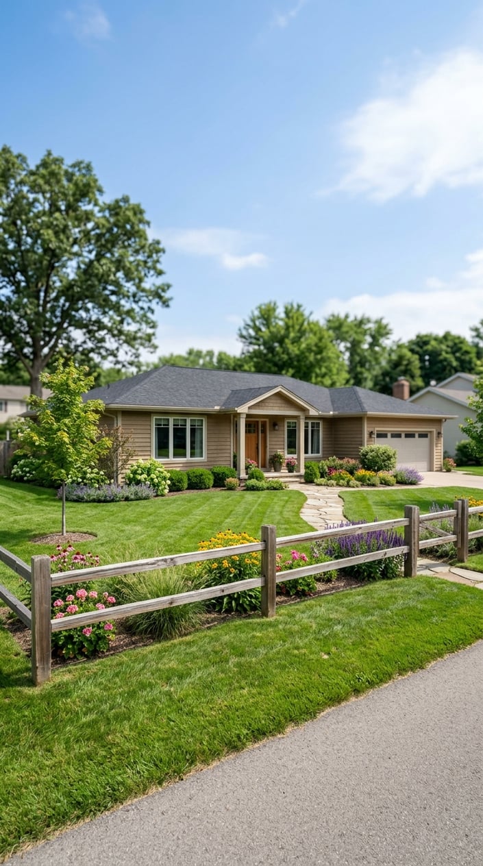 Front lawn of a ranch-style home with split-rail cedar fencing, green grass, shrubs, and flower beds under a clear sky.