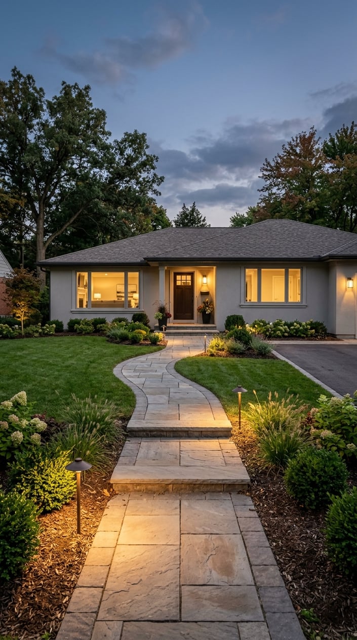 A ranch-style home with a front walkway lit by warm path lights, surrounded by a neat lawn and simple landscaping.