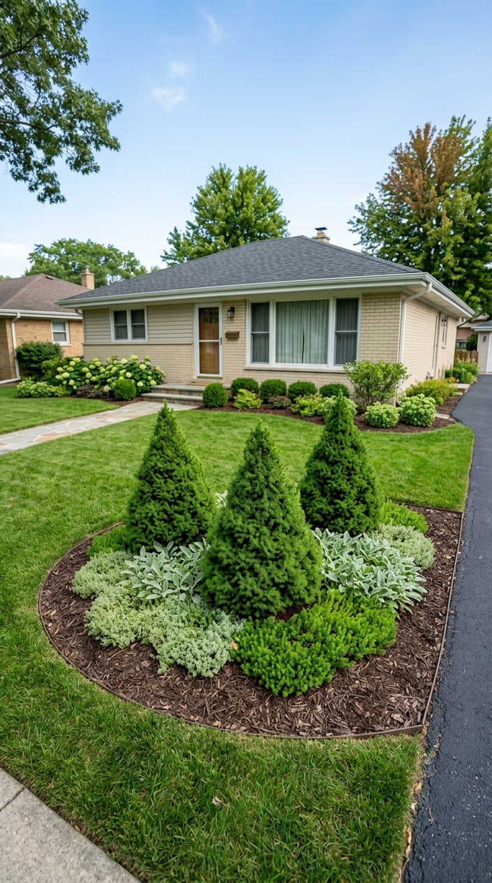 Front lawn corner with green Dwarf Alberta Spruce shrubs surrounded by low soft groundcovers next to a ranch-style house.