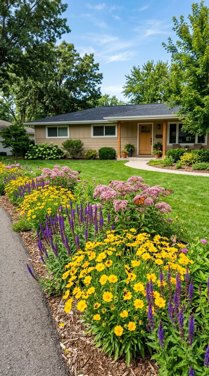 A front lawn with a colorful strip of Coreopsis, Salvia, and Joe Pye Weed plants in bloom near a ranch-style house.