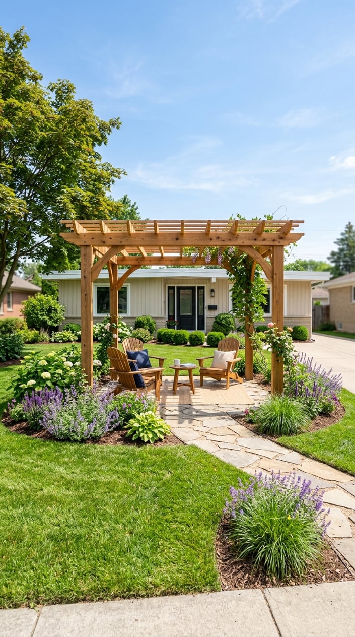 A small cedar pergola over a paved sitting area in a front yard with green grass, flowers, and a ranch-style house in the background.