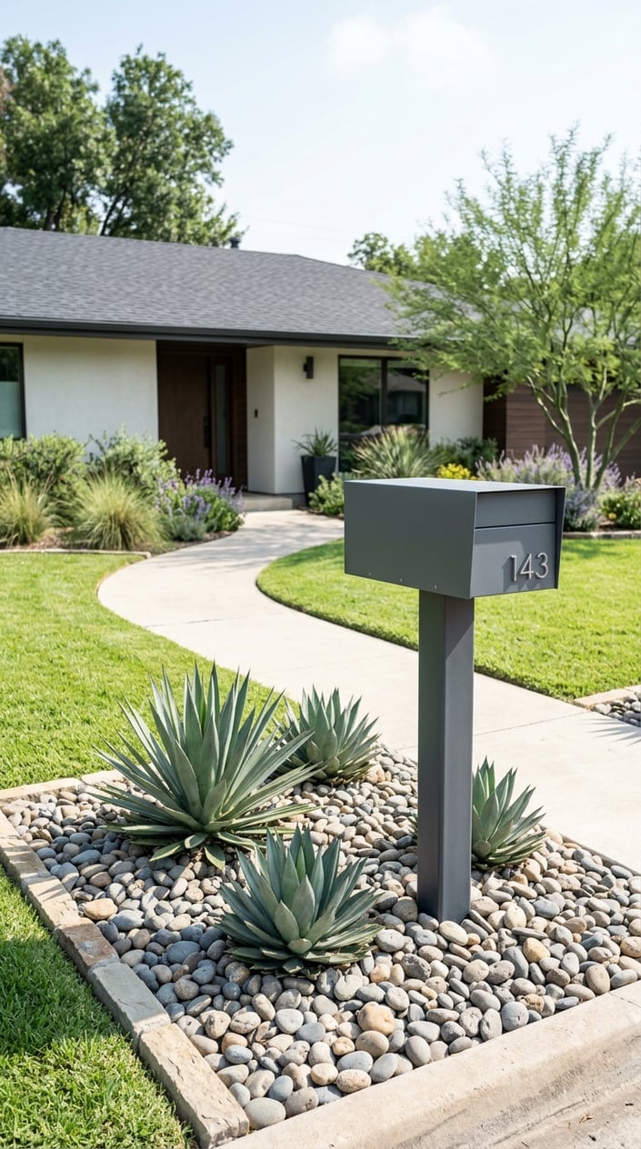 A front yard with a mailbox on a charcoal steel post surrounded by river rocks and agave plants in front of a ranch-style house.