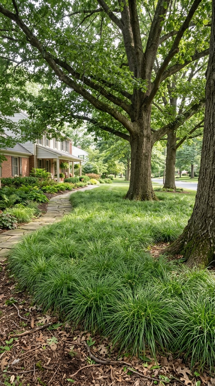 A front lawn with dense Pennsylvania sedge growing under large mature oak trees in a shady yard.