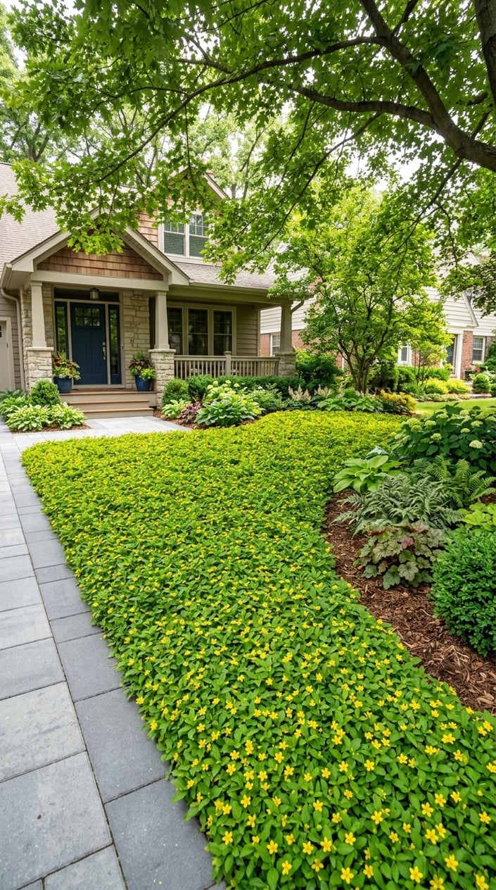 Front yard with golden star ground cover plants growing densely under shade, surrounded by trees and a walkway leading to a house.