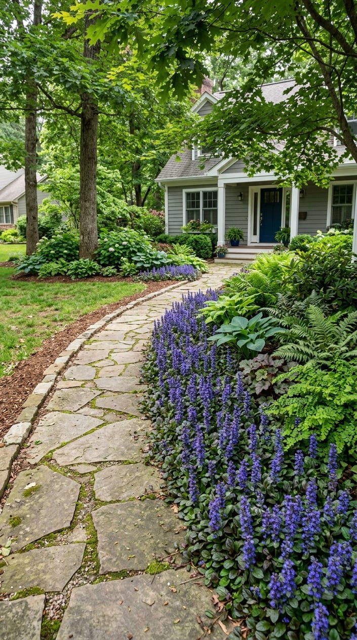 A front yard walkway bordered by dense Ajuga Reptans plants filling bare spots in a shady lawn.