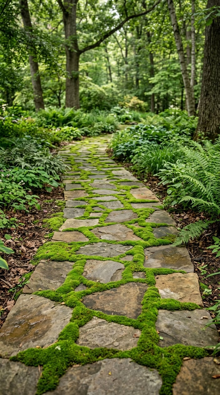 A shaded front yard pathway with green moss growing between flagstone pavers surrounded by shade-tolerant plants.