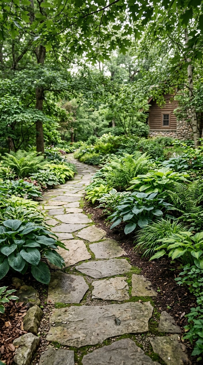 A winding flagstone path surrounded by hostas and ferns in a shaded garden area.